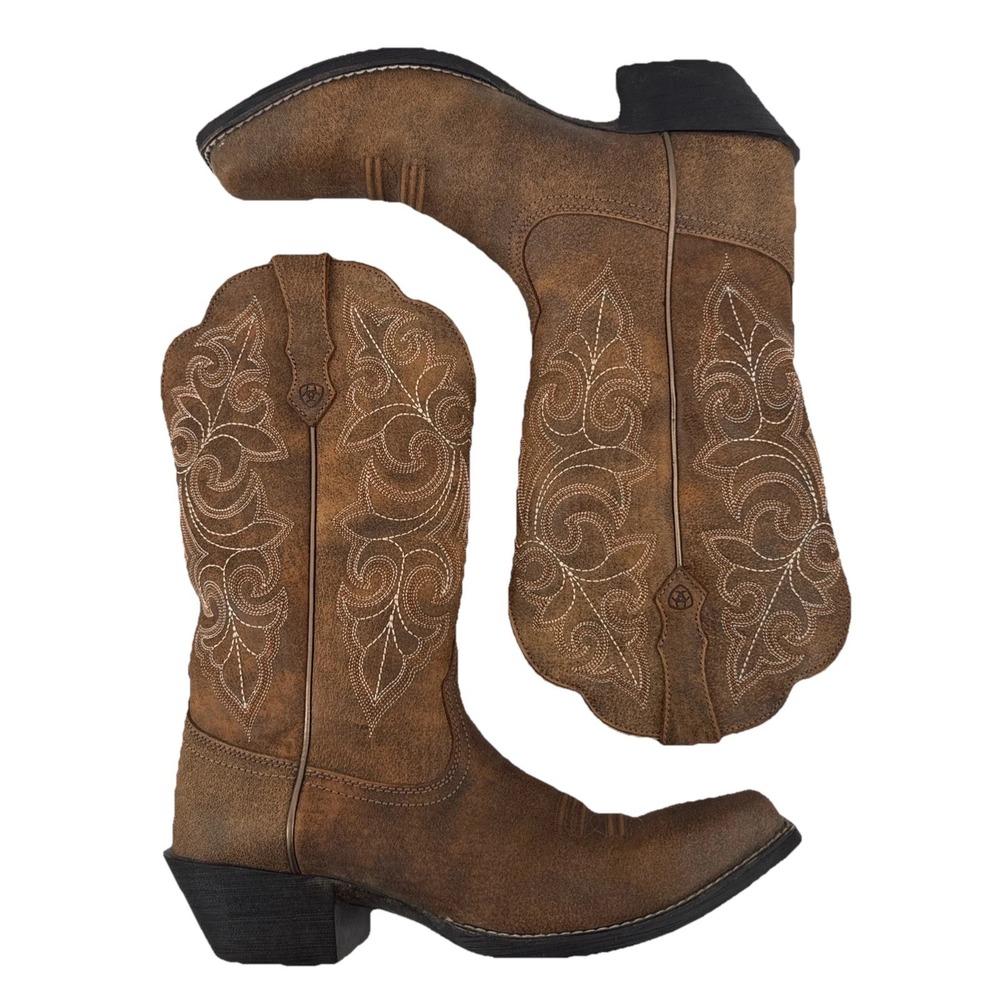 Ariat Round Up Square Toe Cowboy Boots Women 8.5 B Brown Leather Western Pull On - Picture 3 of 10